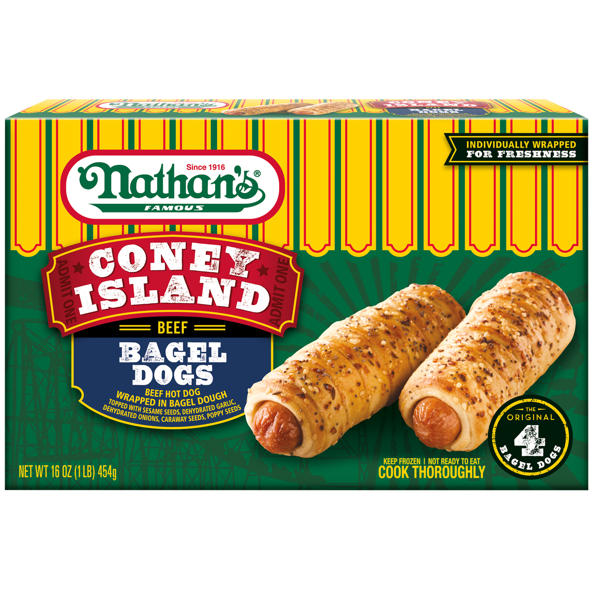 Coney Island Bagel Dogs, Beef Hot Dogs Wrapped in Bagel Dough - 4 Pack
