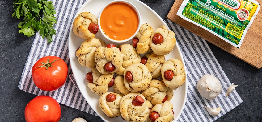 Hot Dog Garlic Knots with Spicy Tomato Oil