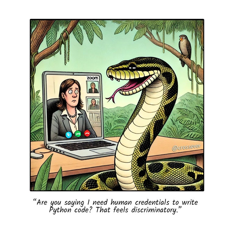 @crossover remote work comics and cartoons #18: Python code skill.
