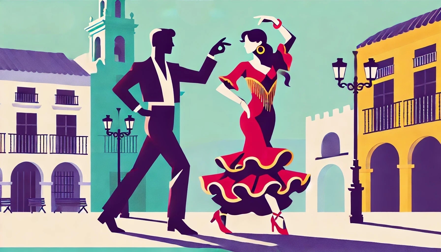 An illustration showing two flamenco dancers dancing in Seville, Spain.