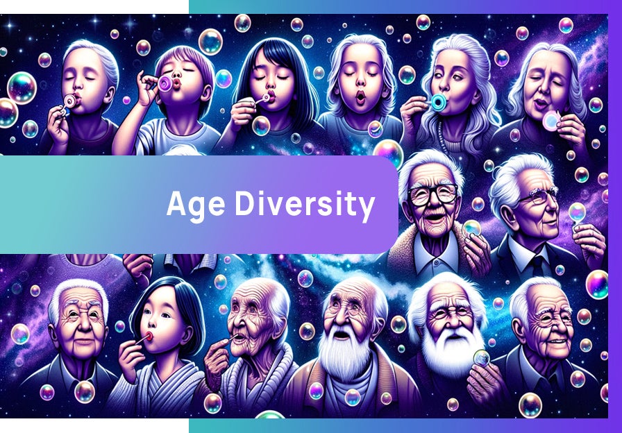 A series of people at different ages showing age diversity: DEI