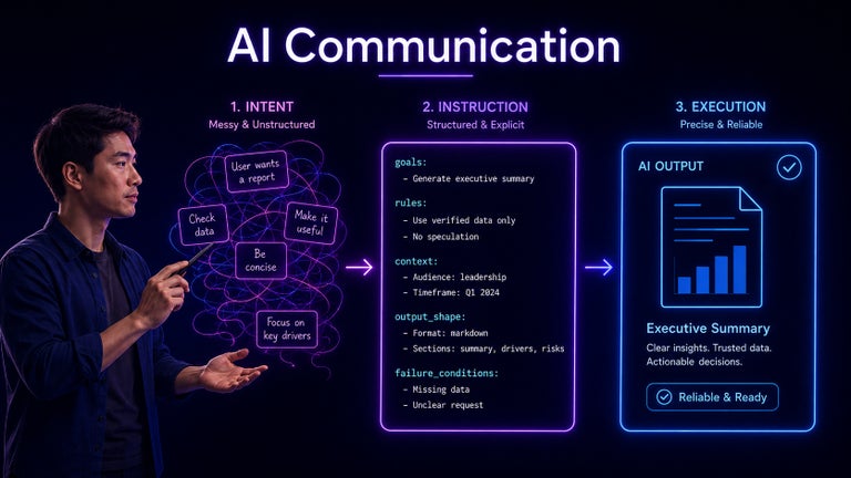 Three-stage diagram showing a developer’s messy, unstructured intent turning into a clean structured instruction spec, then into precise, reliable AI output.