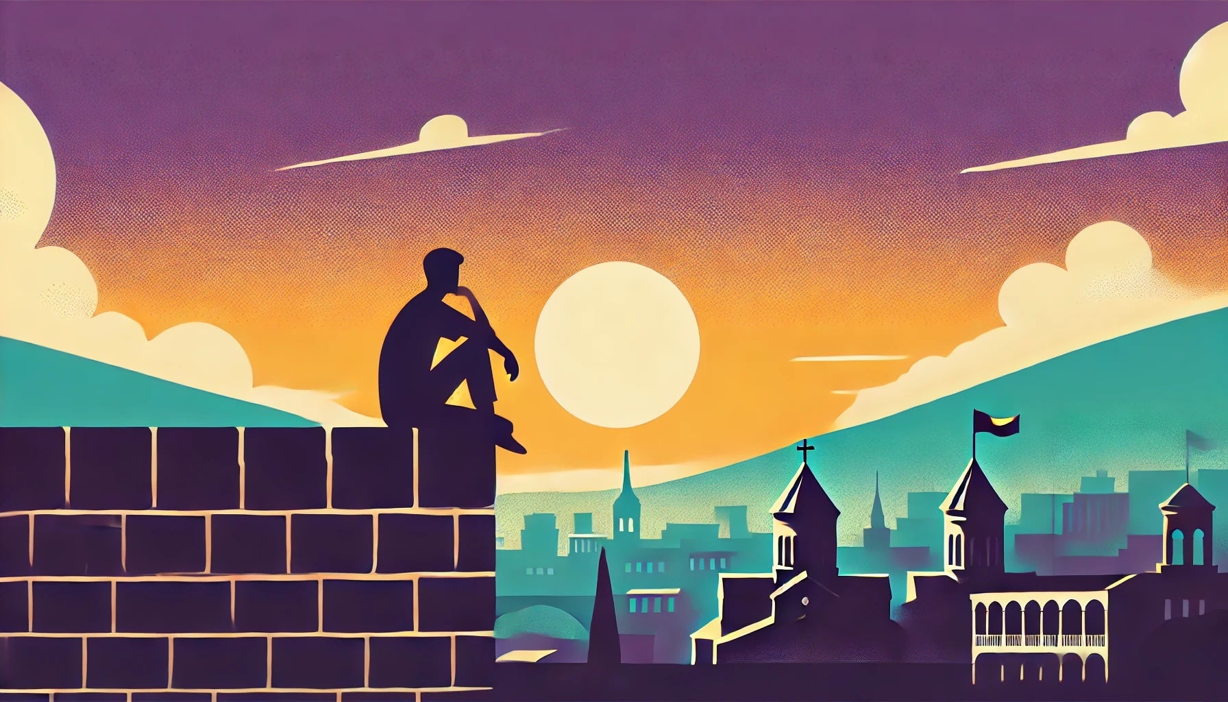 An illustration showing a remote worker sitting on the walls of Narikala Fortress. The remote worker is watching the sunset over Tbilisi, Georgia.