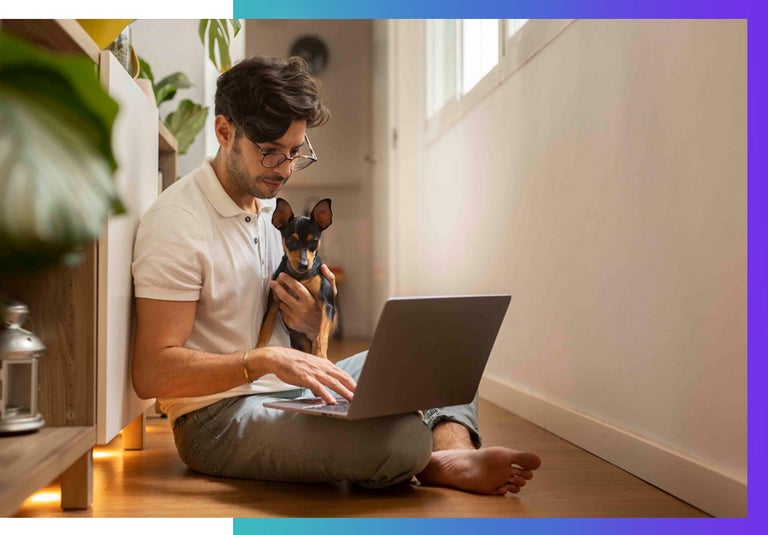 Neurodiverse remote worker with their pet at home. 