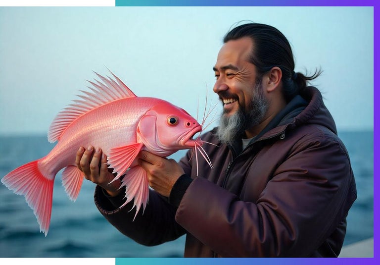 An Ai generated image showing a man looking at a catfish. 