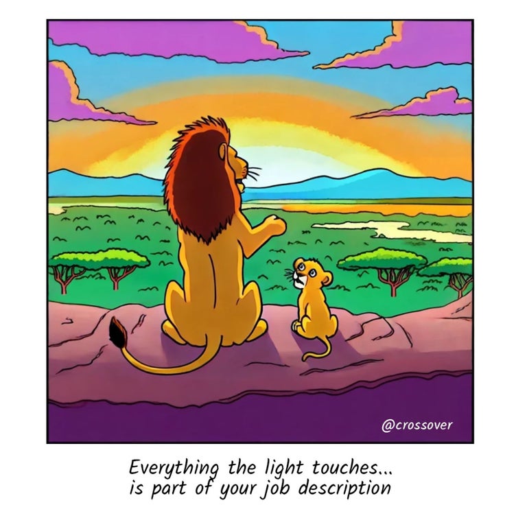 @crossover remote work comics and cartoons #25: The Lion Cringe.