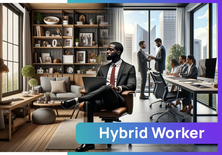 A hybrid worker works remote part time and part time in the office.