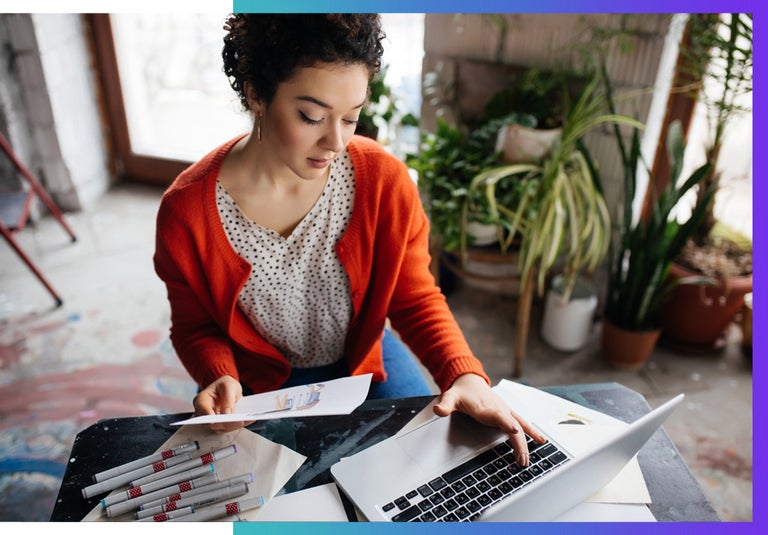 Switching to a remote job from a hybrid or office job isn't easy. Woman searches online.