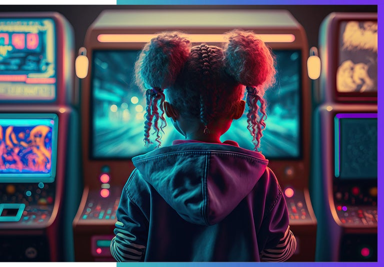 Young girl at the gaming arcade.