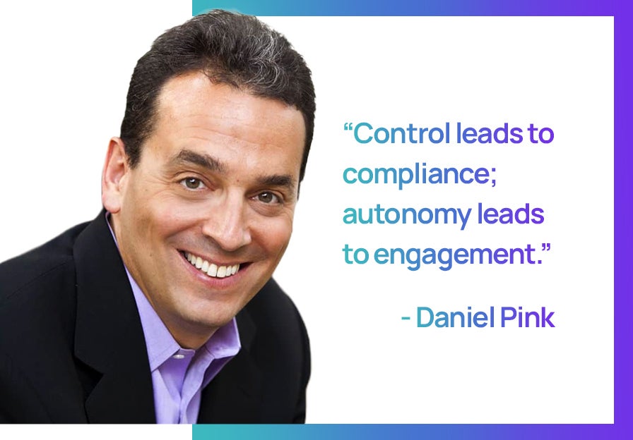 Dan pink's quote from his book Drive. Profile shot of Daniel Pink with quote. 