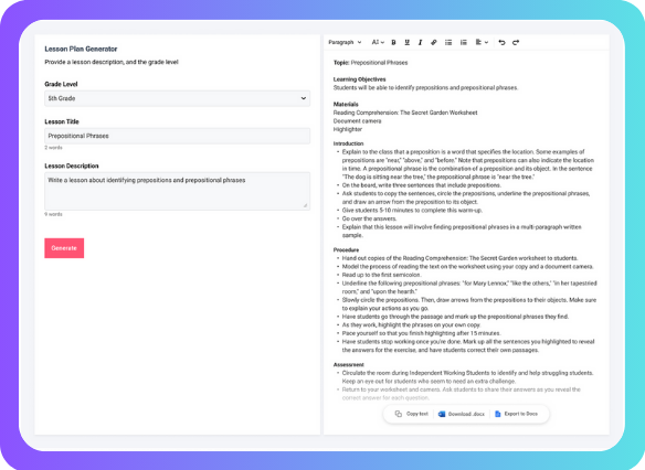 LessonPlans.ai’s AI-powered lesson planner interface.