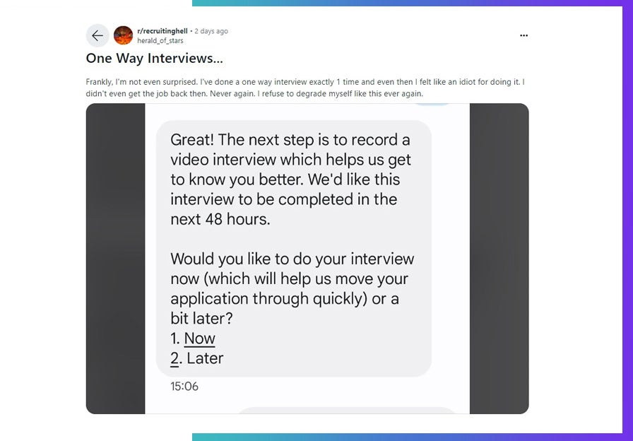 Recruitinghell on Reddit refusal to video interview. 