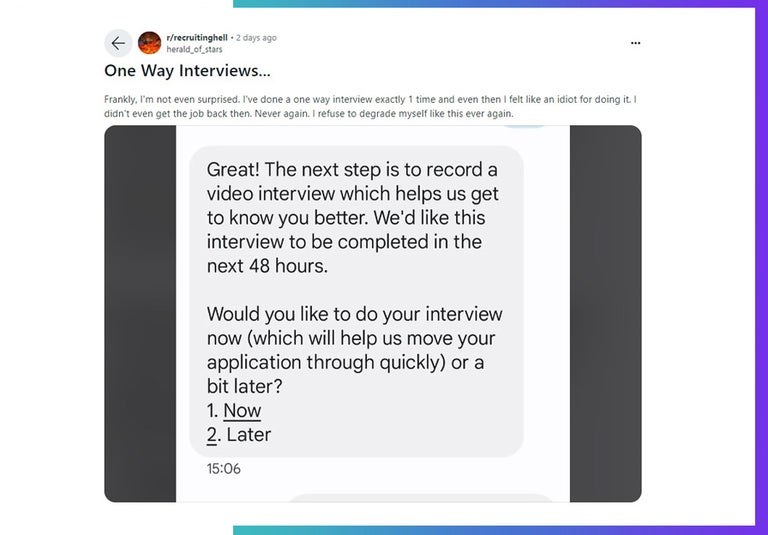 Recruitinghell on Reddit refusal to video interview.