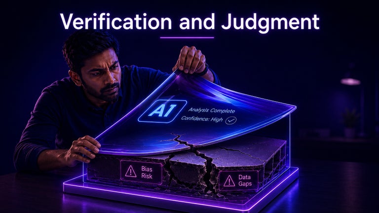 Developer peeling back a glossy AI result labelled ‘Analysis Complete, Confidence: High’ to reveal a cracked foundation underneath marked ‘Bias Risk’ and ‘Data Gaps’.