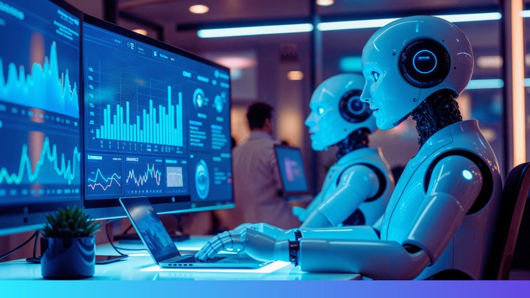 Ai robots coding at a desk.