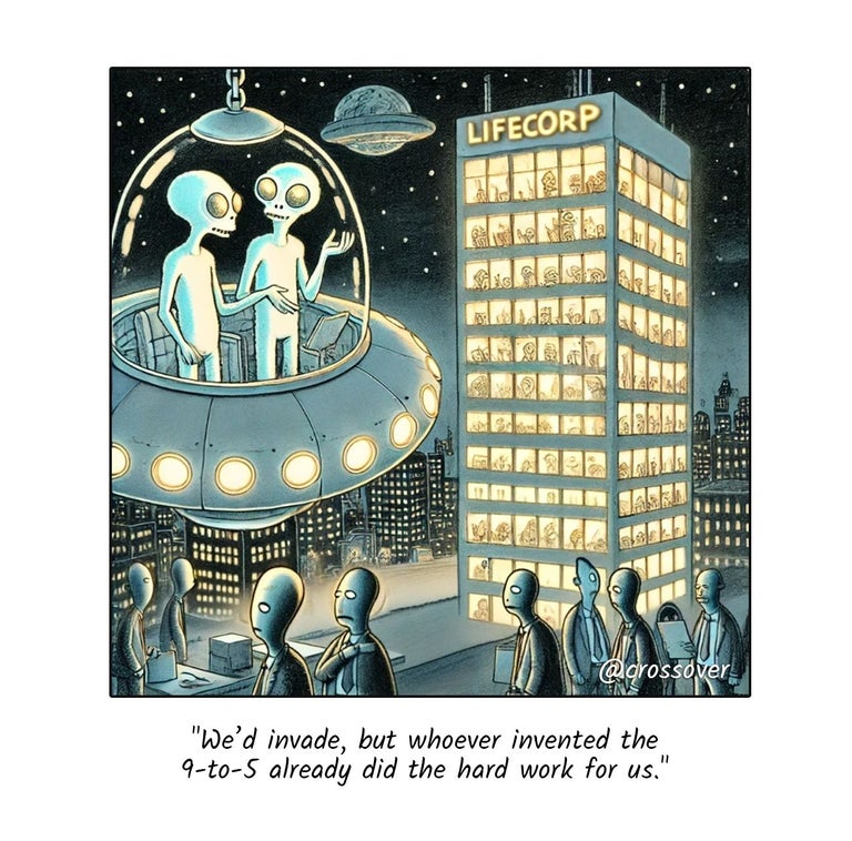 @crossover remote work comics and cartoons #39: 9-5 inflexibility aliens.