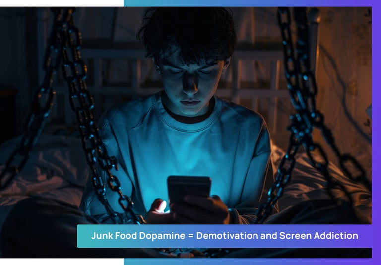 A man addicted to his phone because his brain is hooked on junk food dopamine. 