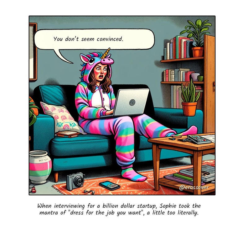 @crossover remote work comics and cartoons #7: Unicorn startup.