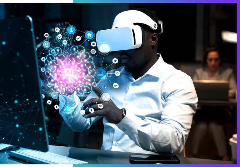 A man works in virtual reality on AI automation systems.