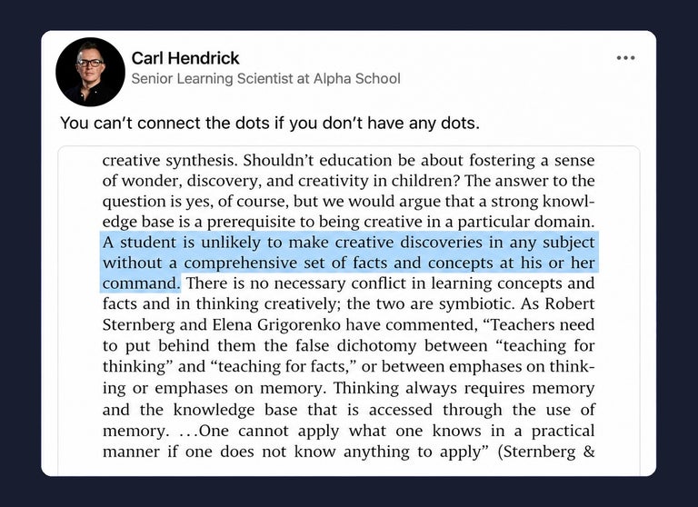Screenshot of Carl Hendrick’s LinkedIn post: “You can’t connect the dots if you don’t have any dots.” A highlighted excerpt discusses knowledge as a prerequisite for creativity.