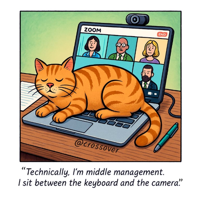 @crossover remote work comics and cartoons #23: Middle manager cat pun.