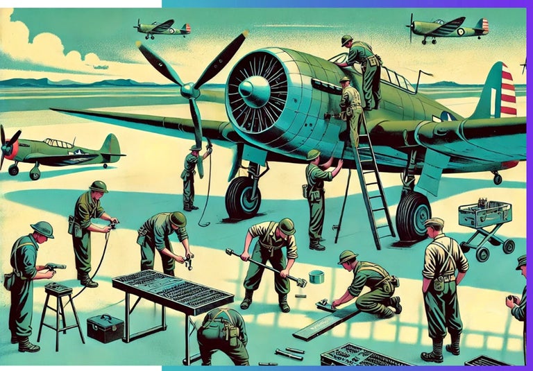 Abraham Wald's engineering team riveting steel plates to the planes.