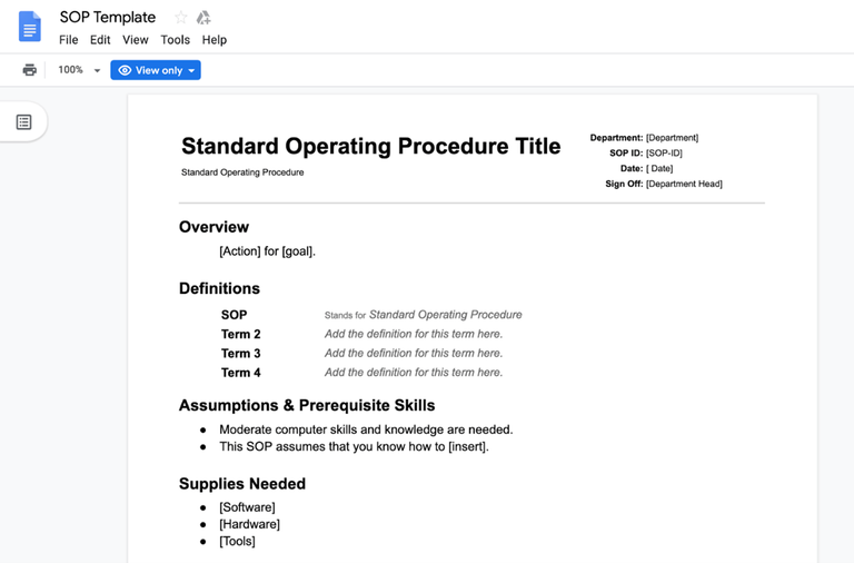 SOPs or standard operating procedure template image. 