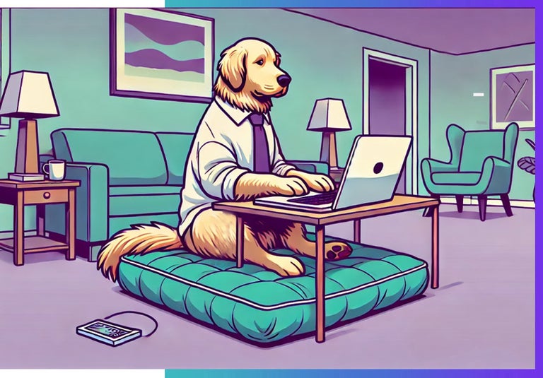 Working from home as a happy, loyal contract worker. Dog in the image.