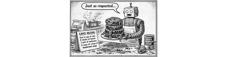 A robot cooking an awful cake using a terrible recipe.