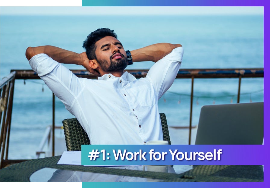 Pro of contract work is you can work for yourself. Man relaxing near ocean. 