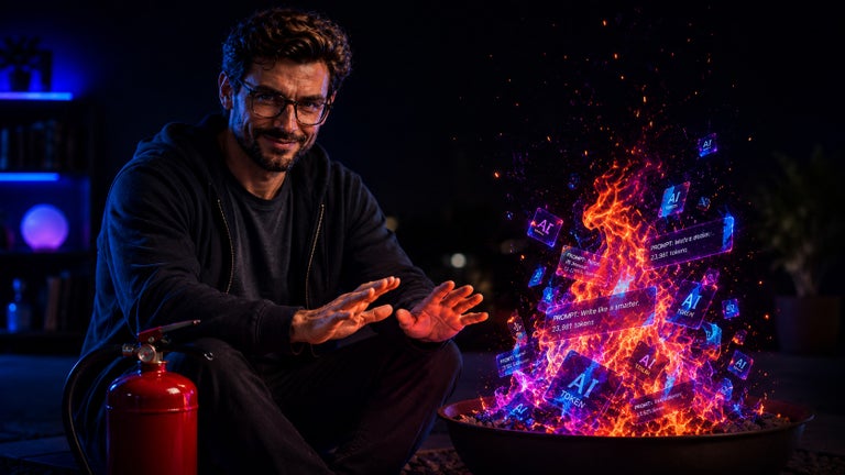 Man sitting at a AI token bonfire.