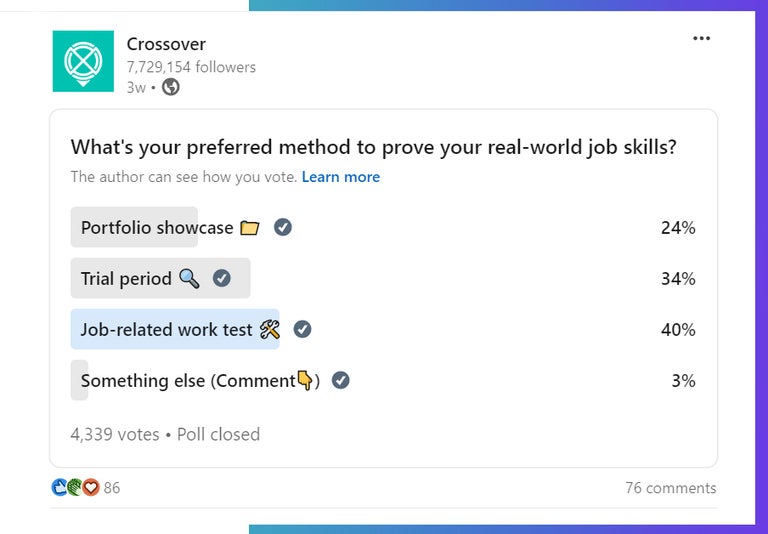 Crossover LinkedIn poll. What's your preferred method to prove your real-world job skills? 2024. 