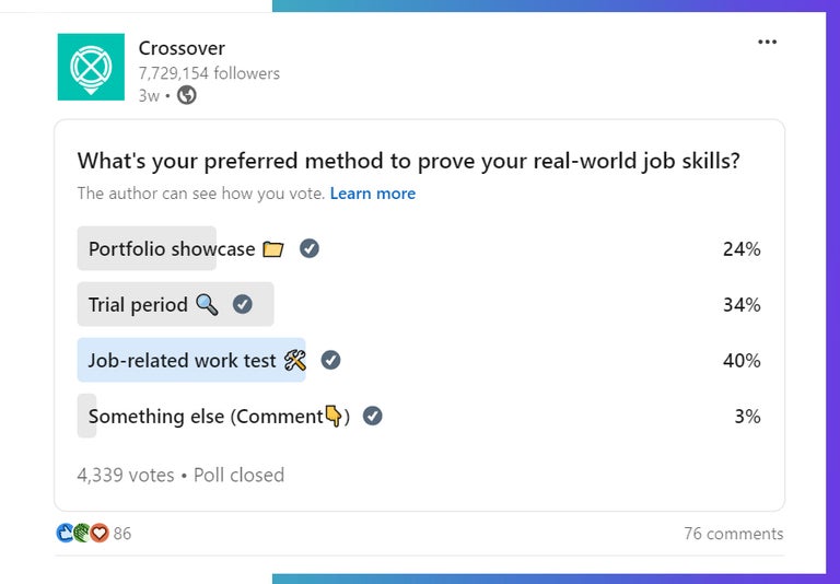 Crossover LinkedIn poll. What's your preferred method to prove your real-world job skills? 2024.