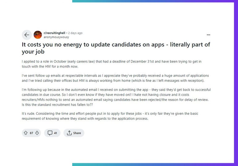 Recruitinghell on Reddit feedback issues. 