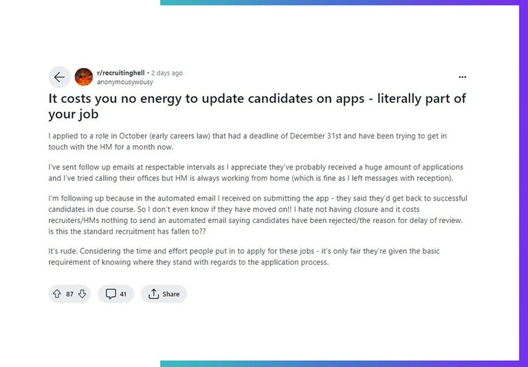 Recruitinghell on Reddit feedback issues.