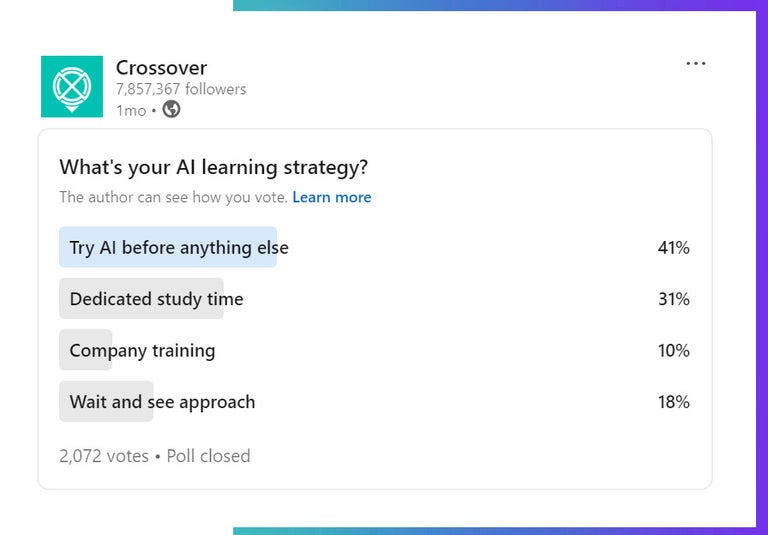 AI learning strategy poll on LinkedIn, Crossover 2025.