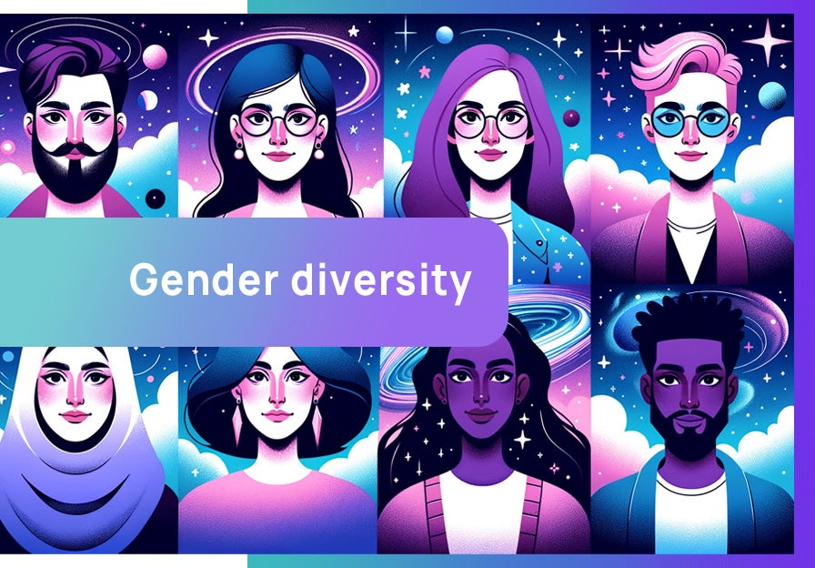A series of faces showing gender diversity: DEI