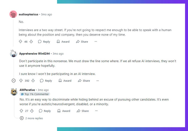 Public opinion about Ai testing and interviews on Reddit in /recruitinghell