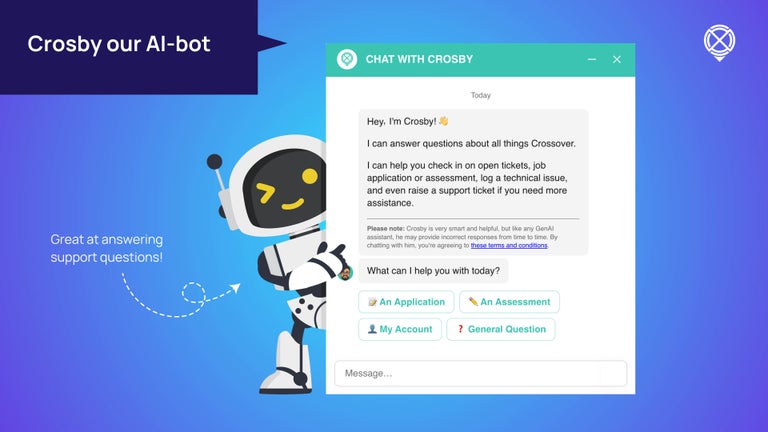 Crossover's AI bot Crosby is ready to answer applicant support questions during skill testing.