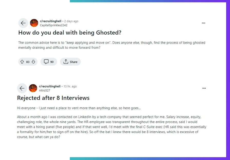 Recruitinghell on Reddit ghosting and interview rejections. 