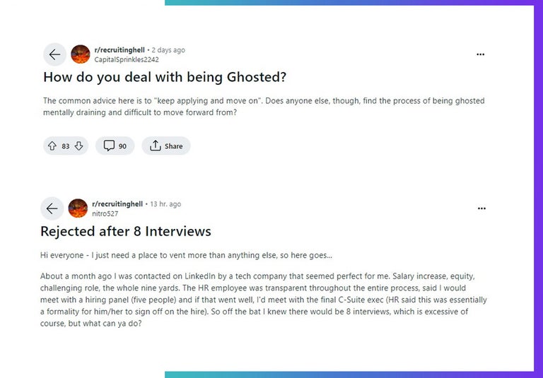 Recruitinghell on Reddit ghosting and interview rejections.