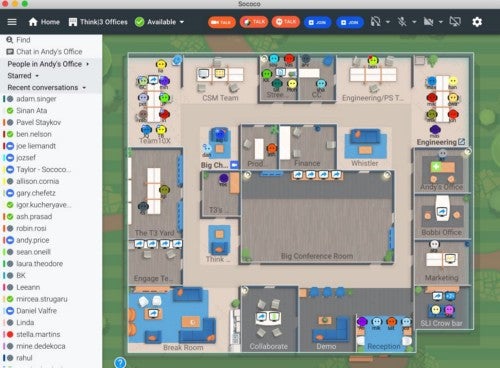 Screenshot of a virtual office layout with various rooms and designated areas for teams like Engineering, Marketing, and Finance