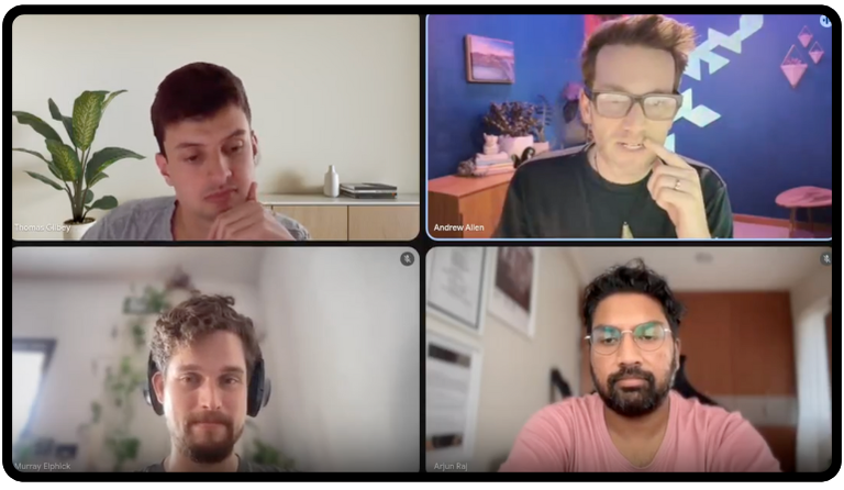 A screenshot of a team call with the Crossover marketing department - Thomas Gilbey (top left), Andrew Allen (top right), Murray Elphick (bottom left) and Arjun Raj (bottom right). Carla Dewing was not present for this meeting.