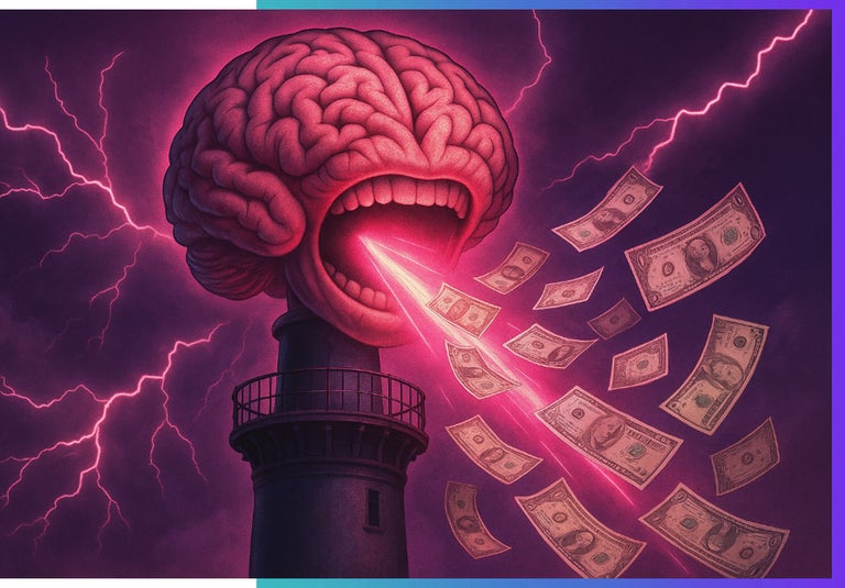 A brain coming out of a lighthouse with money flying out of it