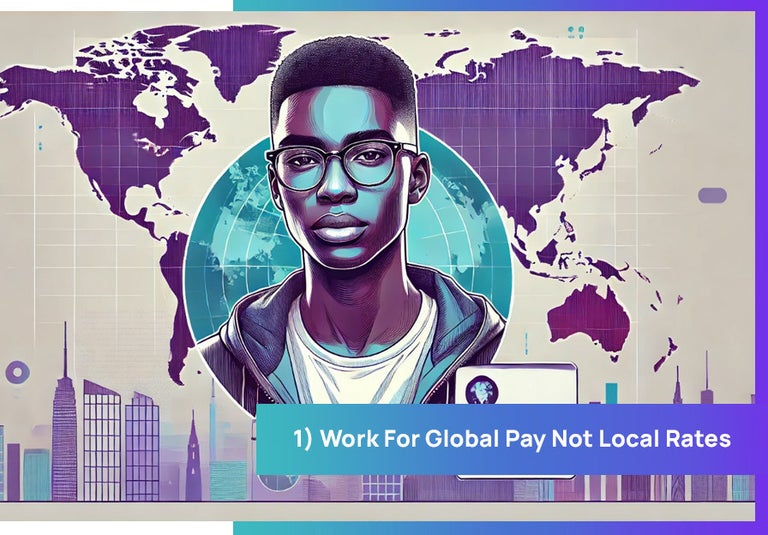 Work for global pay not local rates to succeed. A Nigerian man on a world map.