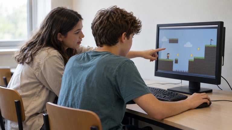 Two students collaborating at a computer displaying a simple platform game.