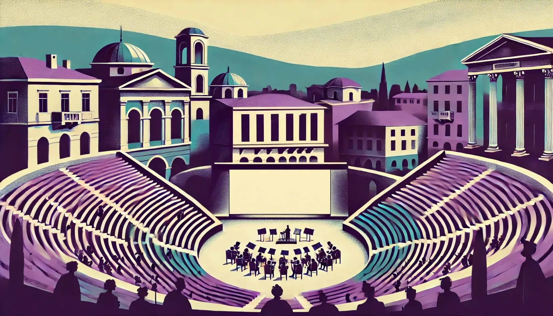 An illustration showing an orchestra getting ready for a performance in Plovdiv's Roman amphitheater.