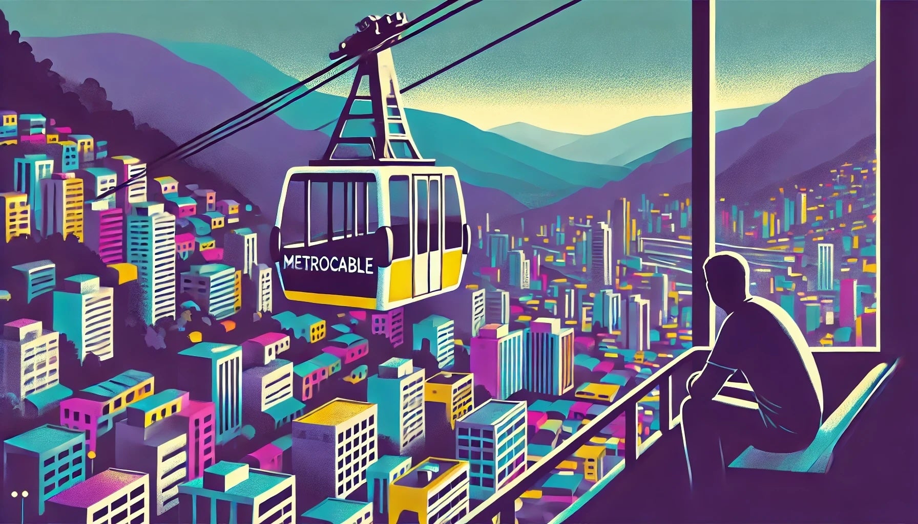 An illustration of a remote worker looking down on the colorful city of Medellín, Colombia. They are waiting to use the Medellín Metrocable.