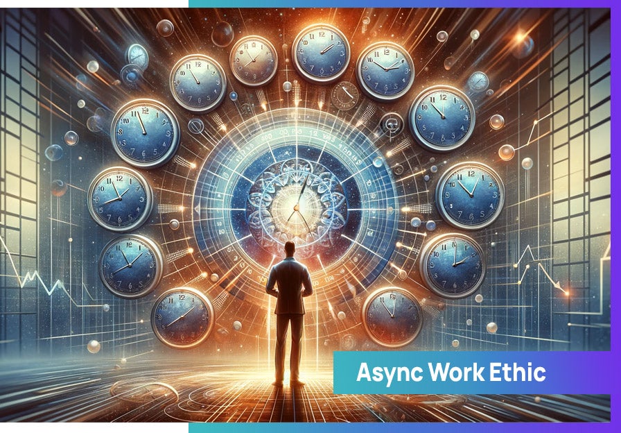 A person standing in front of a large clock to represent async work ethic as a soft skill in remote work. 