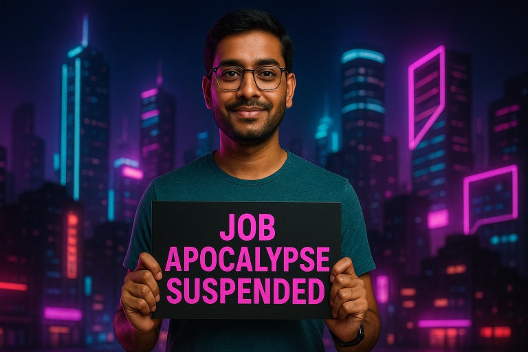 The job apocalypse suspended man stands with sign. 